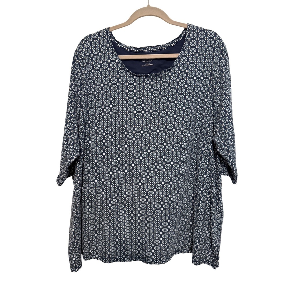 Catherines Easy Fit Tees Navy Blue White Floral Geometric Cotton Top 2X 22/24W